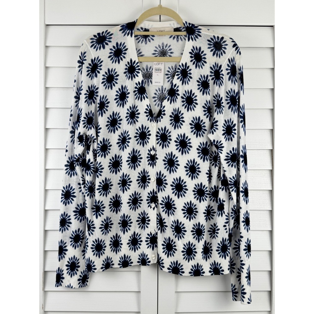 LOFT Cardigan Sweater XL White Blue Floral Cotton Button Front NEW